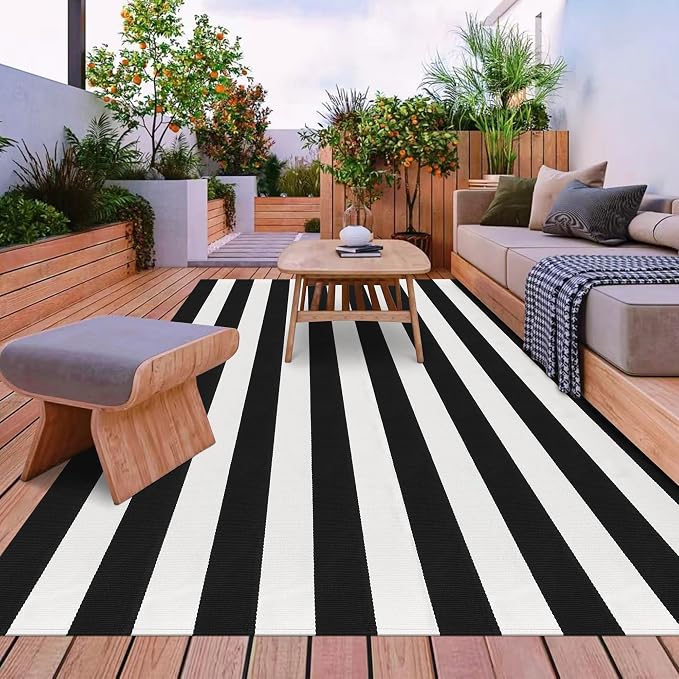 Black and White Striped Rug 5x8 Cotton Woven Rug Farmhouse Washable Indoor Outdoor Area Rug Home Decor Carpet for Living Room Dining Room Bedroom Backyard Large Patio Mat