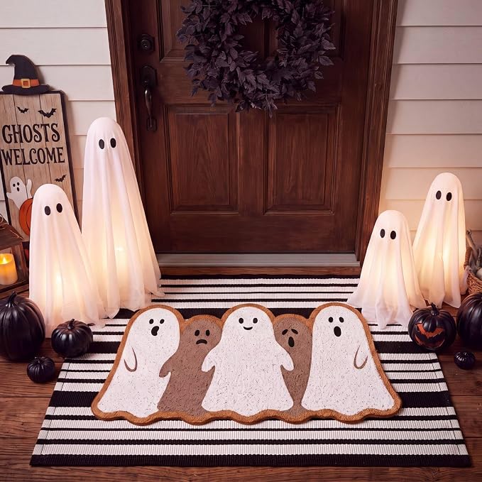 Moucuny 2 Pcs Halloween Coir Doormat Outdoor Ghost Welcome Mat with Black and White Stripe Area Rug Halloween Outdoor Doormat for Front Door Porch Entryway Decor, 16'' x 28'', 24'' x 35''