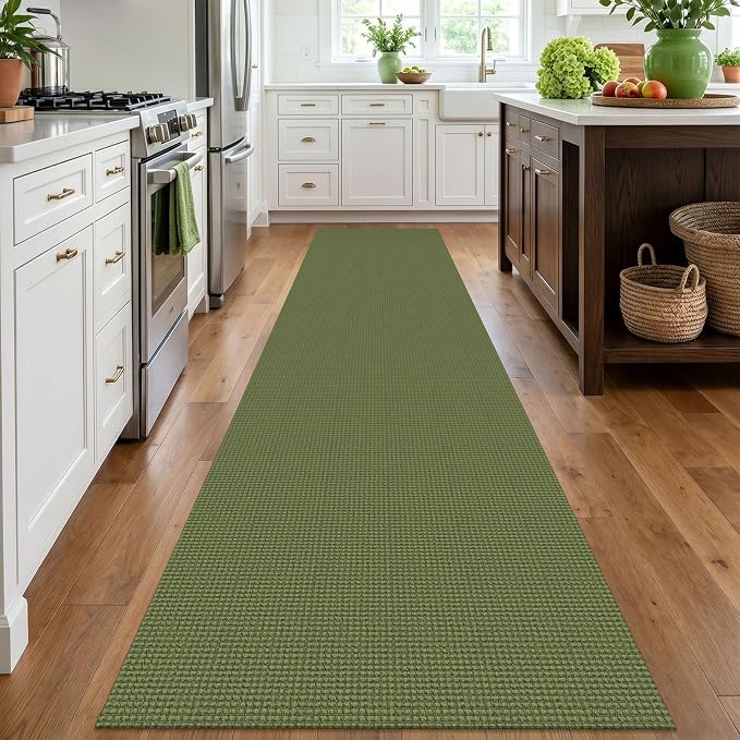 IOHOUZE Washable Runner Rug 2.6x12 Non Slip Rubber Backed Extra Long Hallway Runner Entryway Runner Indoor, Kitchen Rugs Woven Cotton Floor Carpet for Hall Entrance, Olive Green/Earthy Green
