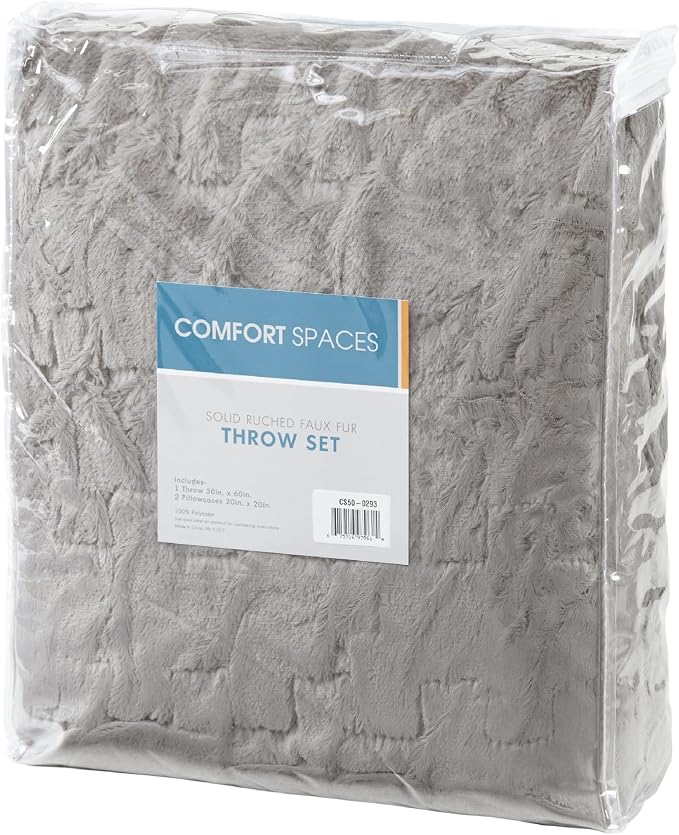 Comfort Spaces Ruched Throw Set Faux Fur Blanket for Sofa, 50 x 60, Grey | Plush, OEKO-TEX Certified