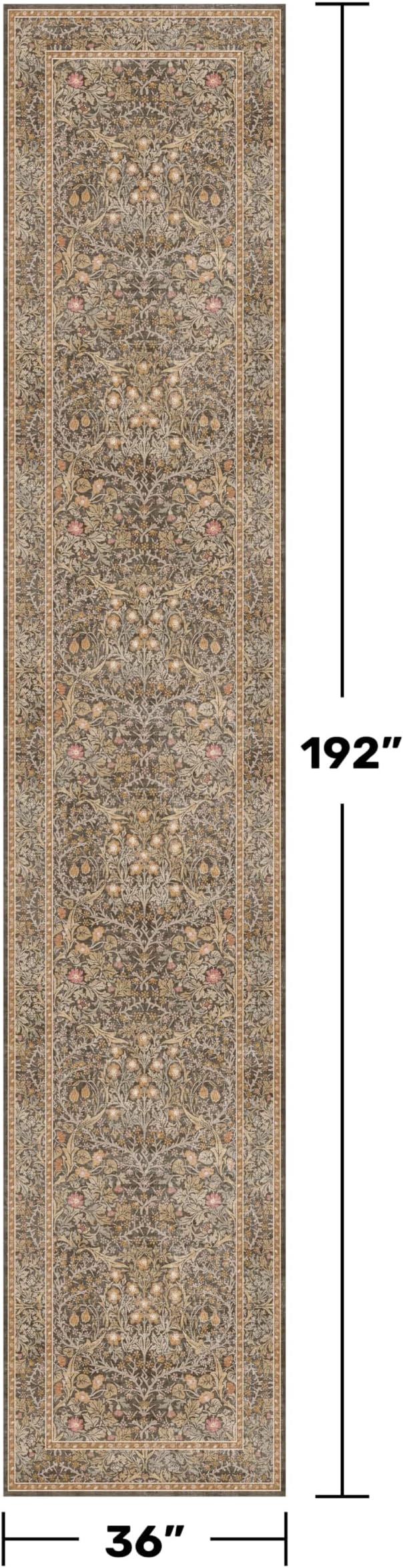 Brown Washable 3x16 Extra Long Runner Rug for Hallway Non Slip, Ultra Thin Large Kitchen Indoor Floor Rugs for Entryway Hall Way, Soft Stain Resistant Low Pile Vintage Floral Carpet