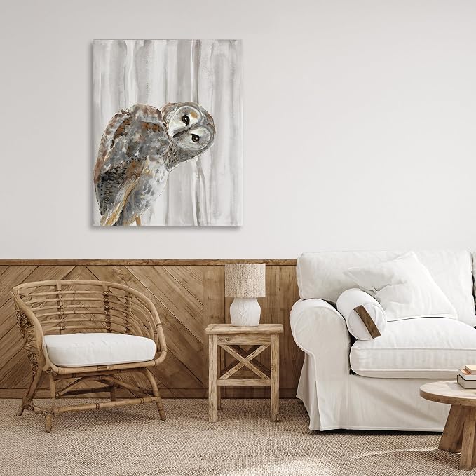 Peeking Owl Gaze Woodland, 24 x 30 Inch Canvas Wall Art | Stupell Industries · By Patti Mann · Ready to hang · Printed in Johnston · Rhode Island · Made in USA