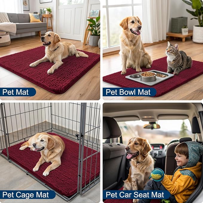 Smiry Dog Door Mat for Muddy Paws 48x30, Absorbent Dirt Trapper, Non-Slip Washable Chenille Entryway Rug for Inside Floor, Red, Classic Solid