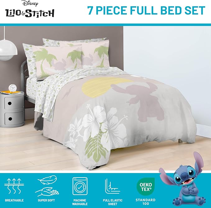 Disney Lilo and Stitch Full Size Comforter Set 7 Piece Bedding, Beige | Bed in a Bag, Comforter Sheets Shams Pillowcases, Official Product, Soft Microfiber, Machine Washable, Girls Gift