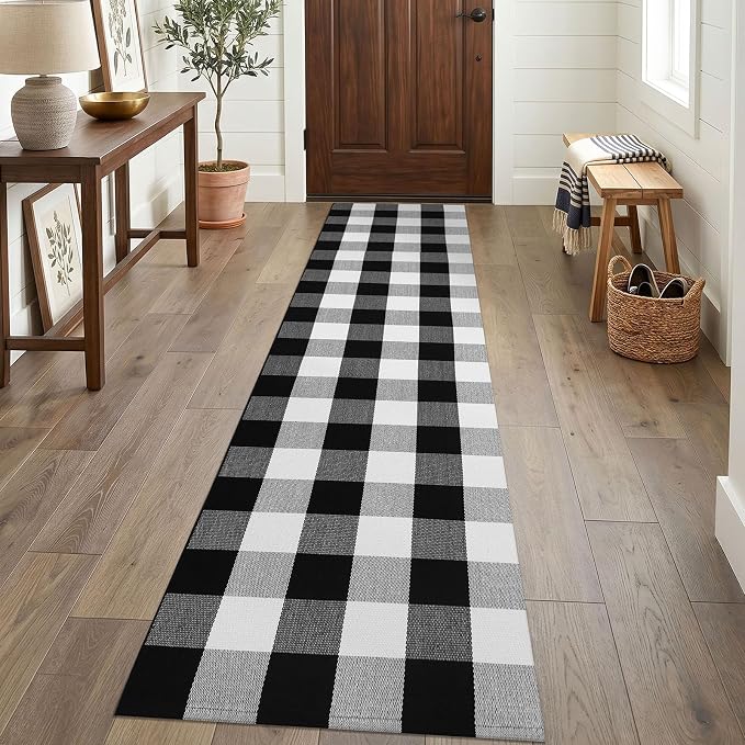 KOZYFLY Buffalo Plaid Rugs 2x8 Ft Runner Rug for Hallway Washable Woven Cotton Kitchen Runner Rug for Entryway Bedroom Living Room Farmhouse Checkered Carpet Runners