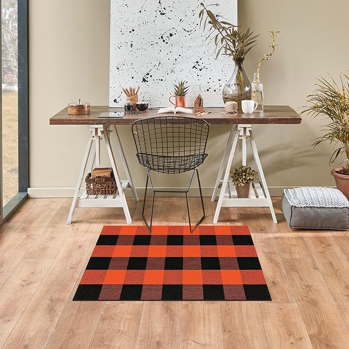 Buffalo Plaid Rug 2x3 Orange and White Outdoor Rug Checkered Cotton Woven Washable Front Porch Fall Layered Door Mats Carpet for Indoor Outdoor Entryway Farmhouse Decor
