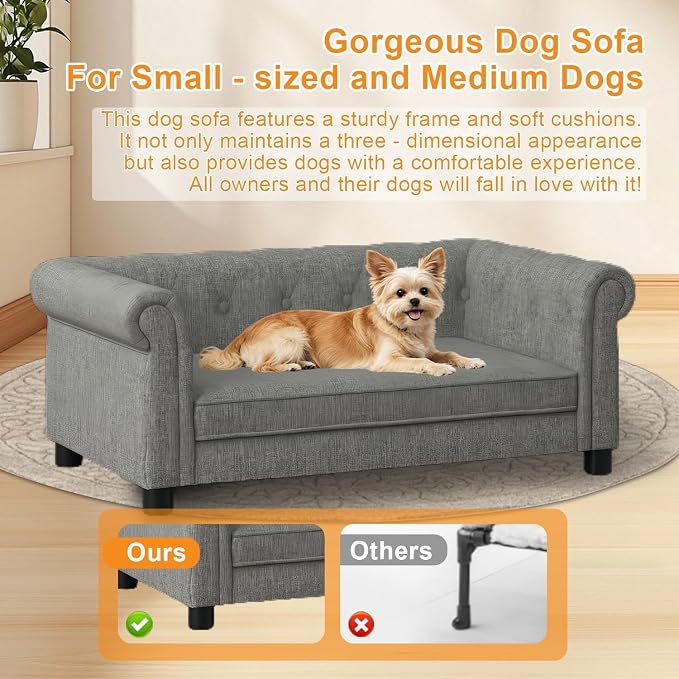 Dog Sofa for Small & Medium Dogs | Removable & Washable | No Assembly Required | Breathable Linen Fabric | Soft Foam |Floor-friendly sofa legs |Light grey