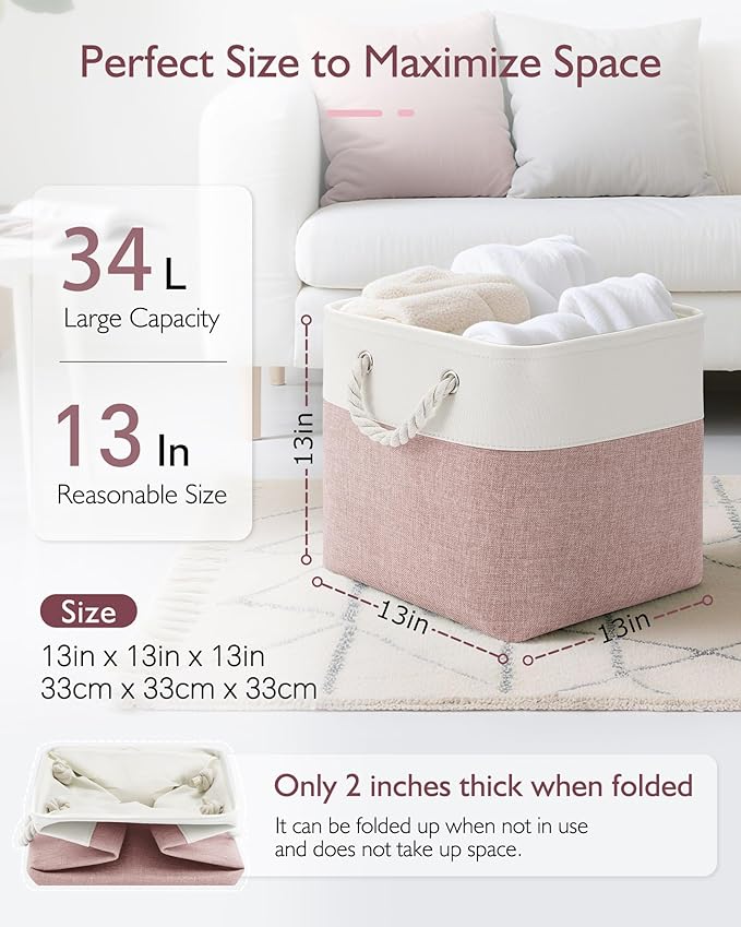 Patvingot 13-Inch Fabric Cube Storage Bins with Handles,4 Pack,Foldable | For cube shelves and closets,keeps grouped for everyday access,reinforced opening and fold-flat storage,white and pink