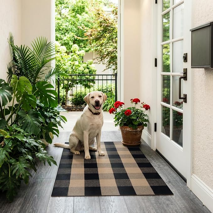 Uphome Bufflo Plaid Outdoor Rug 27.5"x43", Black Natural Checkered Front Door Mat for Fall Decor, Indoor Outdoor Farmhouse Cotton Porch Rug for Layered Door Mats, Washable Area Rugs for Entryway