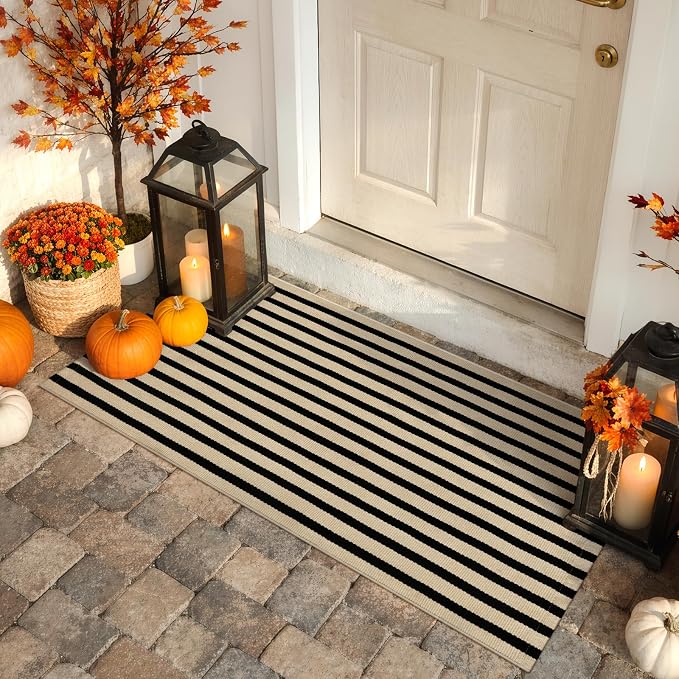 KIMODE Front Door Mats 24"x51", Machine Washable Farmhouse Fall Front Porch Rug Decor, Striped Layered Door Mats Outdoor, Cotton Hand Woven Entryway Rug for Entry, Doorway, Kitchen Black and Khaki
