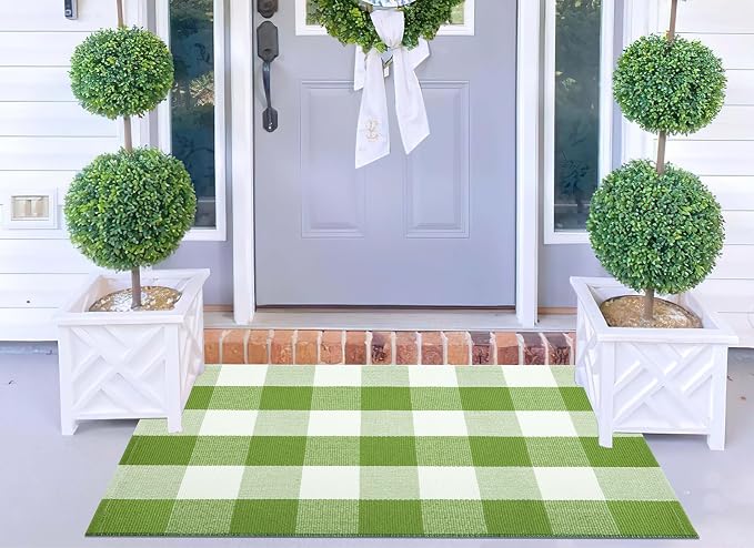 Buffalo Plaid Door Mats Outdoor 24''X35'' Green and White Checked Outdoor Rug Cotton Woven Washable Layering Door Mat for Welcome Mat Entryway Bedroom Living Room