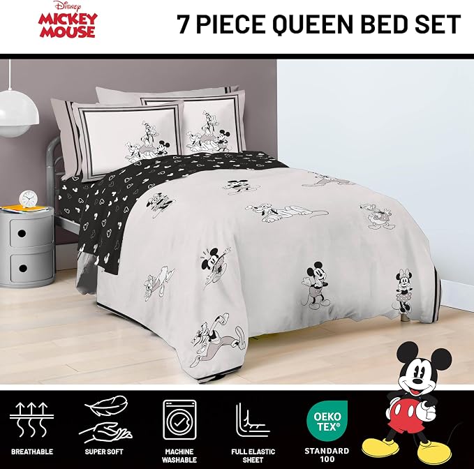Disney Mickey Mouse and Friends Queen Comforter Set 7 Piece Bedding, Beige | Minnie Donald Goofy, Bed in a Bag, Comforter Sheets Shams Pillowcases, Official Product, Soft Microfiber, Machine Washable