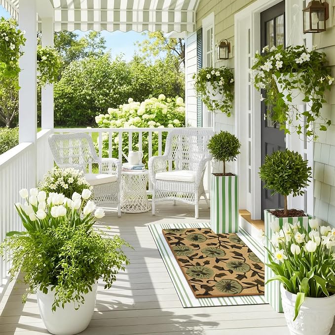 Tinideya 2 Pcs Floral Door Mat Flower Welcome Non Slip Coir Mats Floor Layering Green and White Stripe Summer Doormats Seasonal for Front Porch Entryway Decor(Floral)
