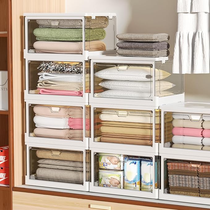 Kmiectse Clear Storage Bins with Lids 3 Pack 【Stackable & Sturdy】 | Plastic Multifunctional Folding Storage Bins for Bedroom, Living Room, Study,Room, 23 QT Folding Box with Magnetic Door