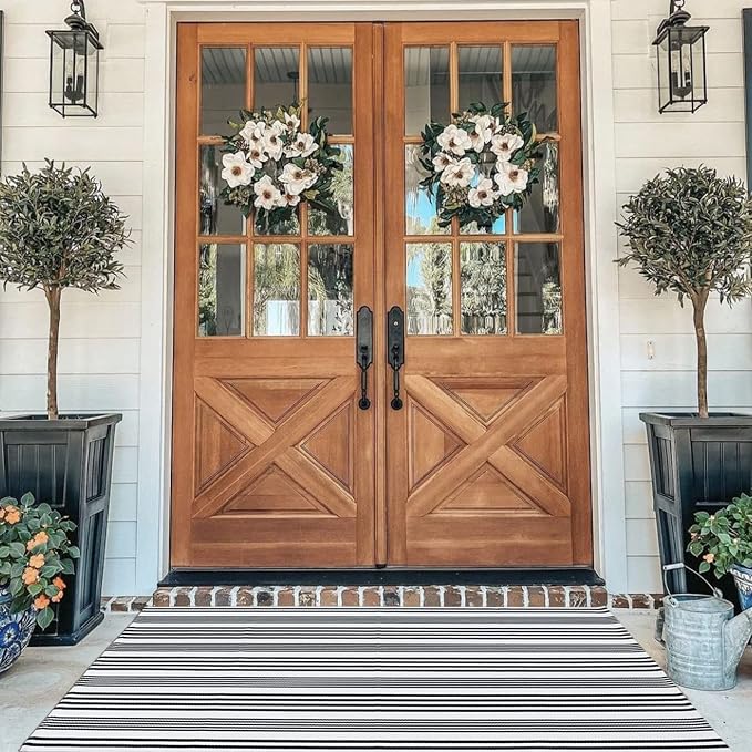 Black and White Striped Outdoor Rug Front Porch Rug 35.4''x59'' Cotton Hand-Woven Welcome Mats Layered Door Mats for Front Porch/Entryway/Laundry Room/Bedroom/Outdoor (35.4''x59'')