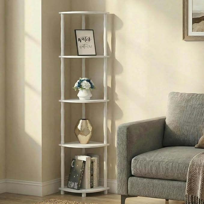 Furinno Turn-N-Tube Storage Shelves, 5-Tier Open Frame Book Shelf, Standing Corner Shelf, Toolless Open Shelves, Classic Tubes, for Organization and Storage, Living Room, Home Office, White