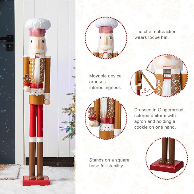 Glitzhome Nutcracker Christmas Decorations 42 Inch Gingerbread Chef Nutcracker with Cookie for Xmas Holiday Decor Porch Gateway