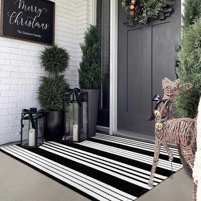 LEEVAN 4'X6' Black and White Striped Woven Cotton Reversible Outdoor Rug | Machine Washable Front Porch Rug, Entryway Door Mat, Indoor Layering Carpet for Balcony Farmhouse Laundry Farmhouse