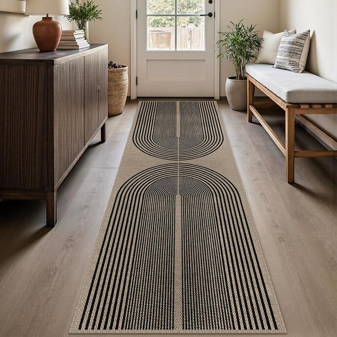 Rugalia Easy Jute Rainbow Outdoor Runner Rug, 2.6x8 Black Nature Washable Rugs Runner for Hallway Non-Slip Boho Farmhouse Kitchen Runner Rug, Modern Abstract Carpet for Porch Laundry Entryway