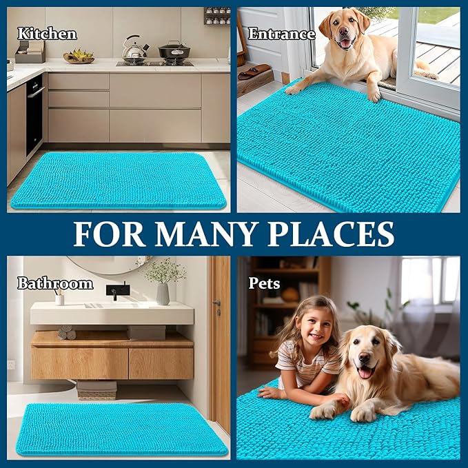 OLANLY Dog Door Mat for Muddy Paws 70x32, Absorbs Moisture and Dirt, Absorbent Non-Slip Washable Doormat, Quick Dry Chenille Mud Mat for Dogs, Entry Indoor Entryway Carpet for Inside Floor, Aqua Blue