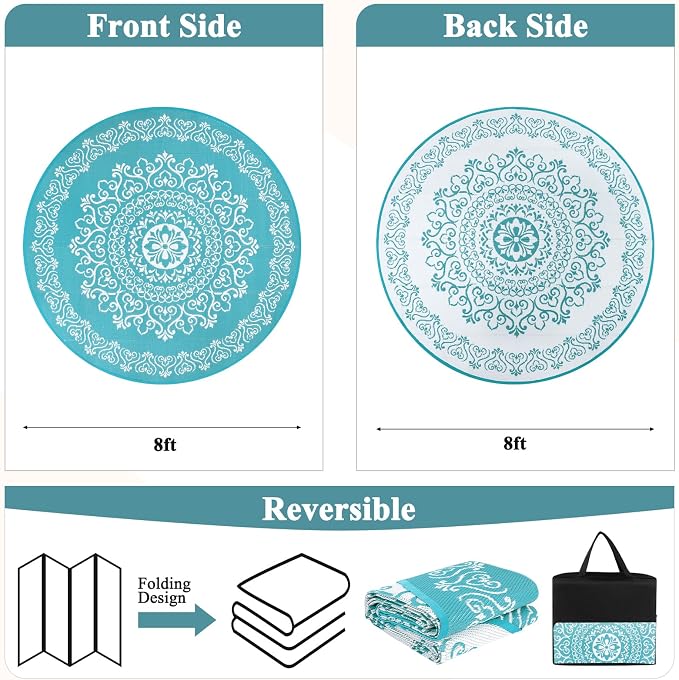 Pauwer Outdoor Rug 8ft, Waterproof Plastic Straw Camping Rug, Floral Teal | Reversible Patio Rug, UV Resistant Indoor Outdoor RV Mat Carpet For Deck, Camper, Porch, Balcony, Backyard, Picnic, Foldable