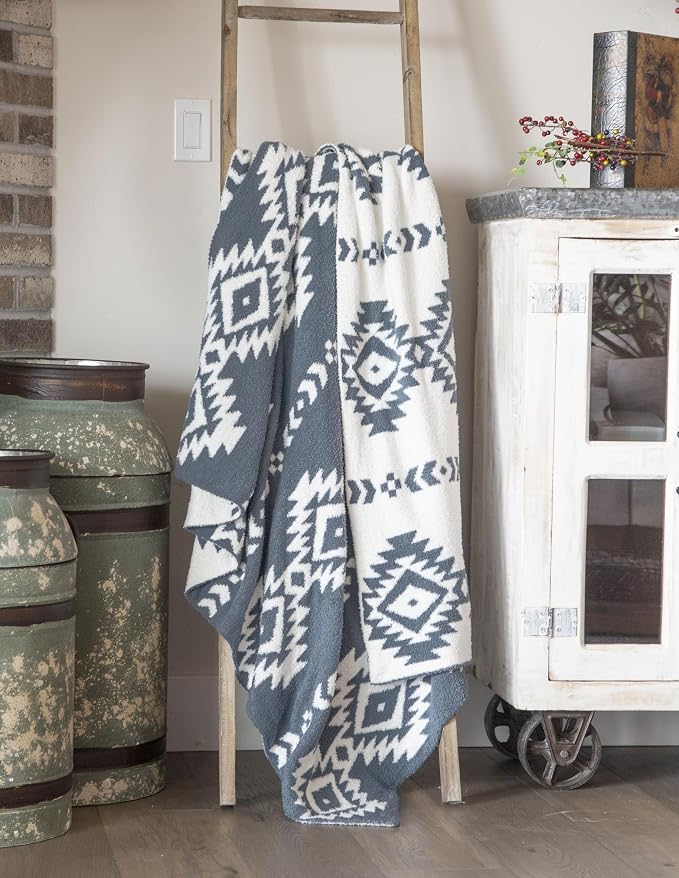 Carstens, Inc. Luxury Soft Stretchy Reversible Plush Throw Blanket, Large 50" x 60", Western Blue Diamond Aztec
