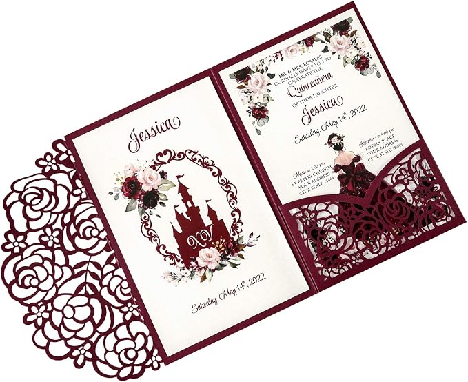 Burgundy 4.7x7 inch 50PCS Blank Quinceanera Invitations Kit