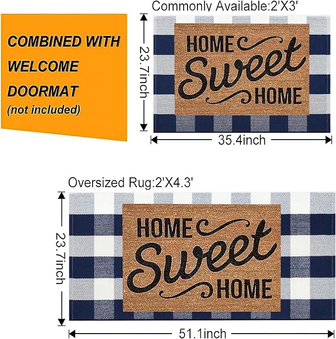 Blue and White Outdoor Rug 24''x 51''Buffalo Plaid Checkered Front Porch Rug Woven Machine Washable Farmhouse Door Mats Outdoor for Hello/Welcome Mat,Entryway,Bedroom,Patio