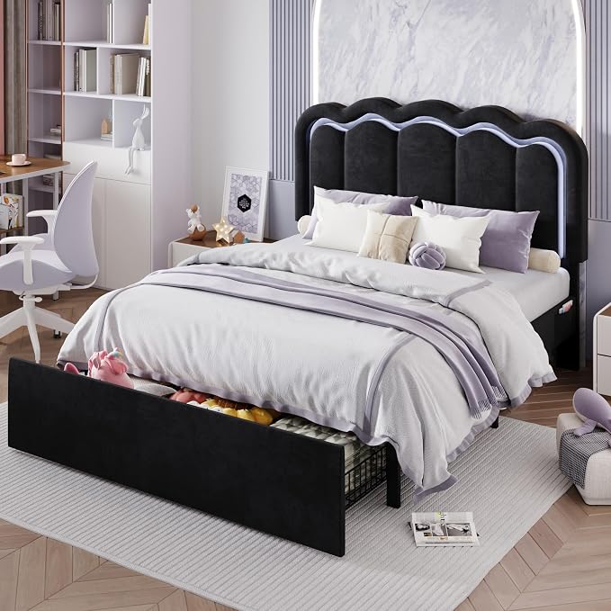 SHA CERLIN Queen Size Bed Frame with LED Lights and Storage Drawer, Black | Upholstered Velvet Platform Bed with Adjuatable Wavy Headboard, Noise-Free, Easy Assembly,No Box Spring Needed