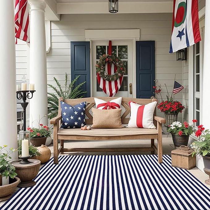 CAINANEL Blue and White Striped Rug 4th of July Door Mat 4' x 6' Summer Front Porch Rug Independence Day Welcome Doormats for Farmhouse Entrance Porch Outdoors Decor (Blue and White, 4' x 6')
