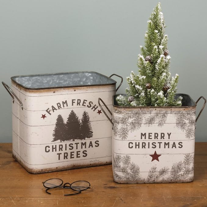 Primitives by Kathy 39896 Farmhouse Tin Buckets, Farm Fresh Christmas Trees