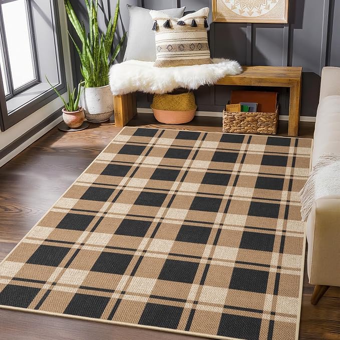 AROGAN Checkered Jute 4x6 Area Rugs, Washable Outdoor Patio Rug for Living Room Entrance Indoor Outdoor Carpet, Farmhouse Design Neutral Geometric Rugs for Front Porch Mat Dining Room
