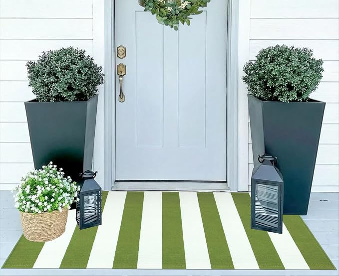 Front Porch Rug 24"x51",Green and White Striped Outdoor Rug Layered Doormat Cotton Woven Washable Indoor Outdoor Farmhouse Small Area Rug for Porch/Entryway/Home Entrance Decor