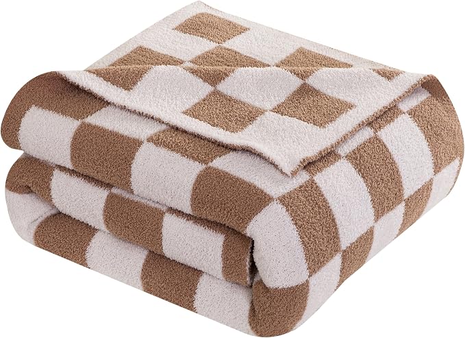 Elegant Comfort Checkered Throw Blanket, Taupe Super Soft Cozy Fluffy Warm Throw Blankets for Couch, Sofa, Chair, Bed, Camping, Picnic, Travel Lightweight Bed Blanket (50" x 70")
