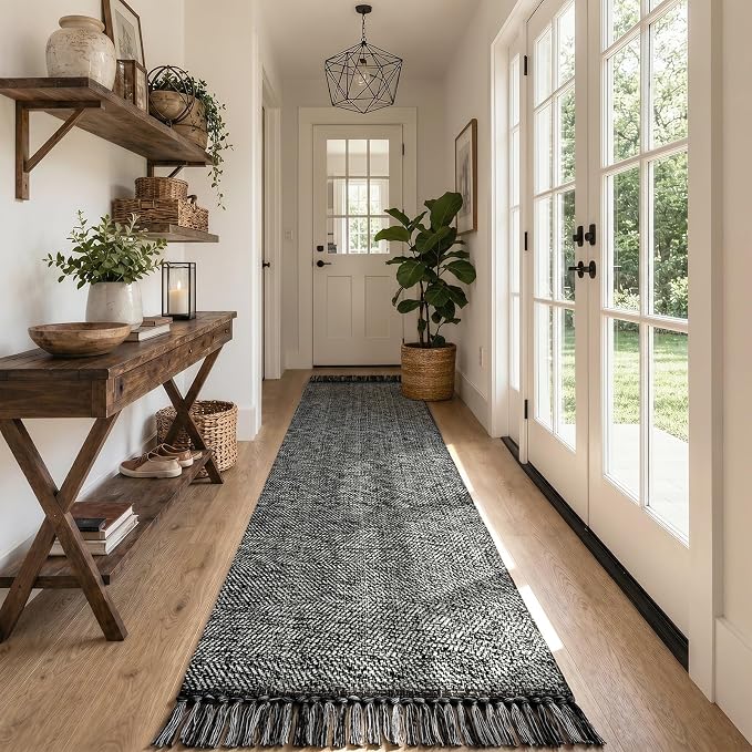 Collive Rug Runners for Hallways, Boho Washable Kitchen Runner Rugs 2.6' x 10' Farmhouse Indoor Entry Hall Carpet, Black Modern Hand Woven Bathroom Runner Carpet for Bedroom Entrance Porch Decor
