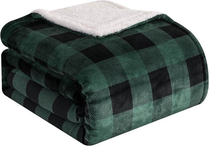 Elegant Comfort Ultra Soft Reversible Buffalo Plaid Flannel Sherpa Blanket - Cozy Silky Checkered Fleece Throw for Couch, Bed - Plush Fuzzy Warm Winter Blanket for Gift, King, Green
