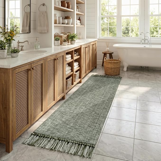 Collive Sage Green Kitchen Runner Rug, 2' x 8' Modern Farmhouse Washable Bathroom Runner Rugs, Boho Hand-Woven Entryway Runner Rug Braided Bedroom Carpet for Hallway Laundry Front Door Decor