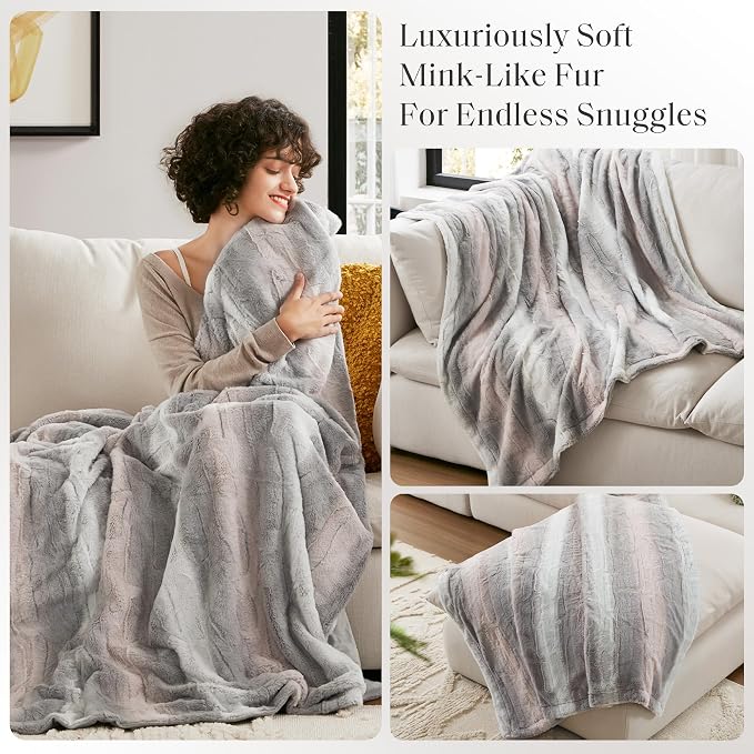 Madison Park Zuri Faux Fur Reversible Throw Blanket, 50 x 60 in, Blush/Grey | Oversized Soft Plush, Luxury, Animal Stripes, Mink Reverse, Modern, All Season, for Bed Sofa Couch, OEKO-TEX Certified