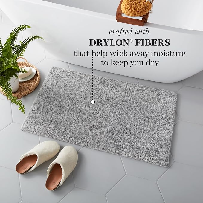 MARTHA STEWART Drylon Microfiber Bath Rug - 1 Piece, Ultra Soft Plush, Non-Slip, Thick, Washable Bathroom Rugs, Home Decor Accessories, Household Essentials, Large Bath Mat, 21" x 34", Light Gray