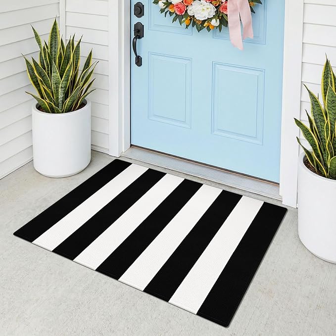 KOZYFLY Black and White Striped Rug 2x3 ft Doormat Cotton Woven Washable Indoor Outdoor Rug Small Front Door Rugs for Entryway Porch Kitchen Patio Decor