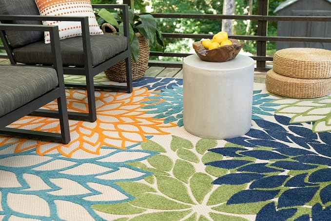 Nourison Home Aloha Indoor/Outdoor Multicolor 7'10" x 10'6" Area Rug, Tropical, Botanical, Easy Clean, Non Shedding, Bed Room, Living Room, Dining Room, Deck, Backyard, Patio (8x10)