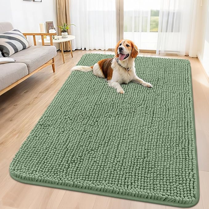 Smiry Dog Door Mat for Muddy Paws 59x35, Absorbent Dirt Trapper, Non-Slip Washable Chenille Entryway Rug for Inside Floor, Olive Green, Classic Solid