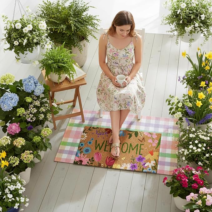 Moucuny 2 Pcs Farmhouse Coir Doormat Outdoor Flower Welcome Outdoor Rug Front Porch Mats Layered Colorful Plaid Rugs for Front Door Porch Entryway Decor