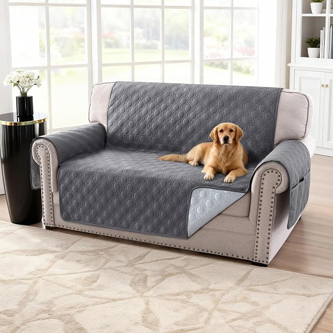 H.VERSAILTEX 100% Waterproof Sofa Covers for 2 Cushion Couch Triple Non-Slip Loveseat Covers with Storage Pocket Washable Couch Protector for Dogs(Loveseat, Grey)
