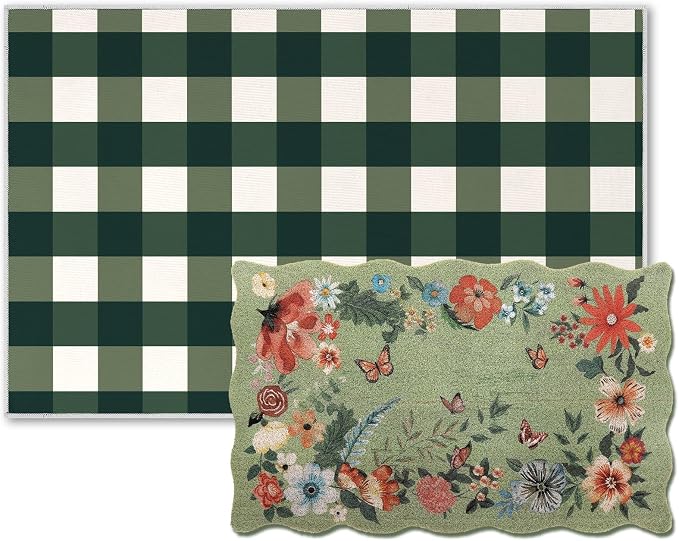 Fourluoo 2 Piece Floral Door Mat Floral Scalloped Coco Coir Doormats Green and White Plaid Welcome Mat 28 x 40 Inch Non Slip Boho Layering Front Door Rug for Indoor Outdoor Entrance Front Porch