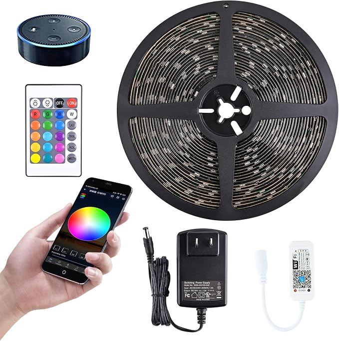 MIHEAL 5050 RGB WiFi Smart LED Strip 32.8Ft 300LED IP65 Waterproof Kit | App & voice control lighting with music mode, DC12V power adapter, works with iOS & Android indoor decor