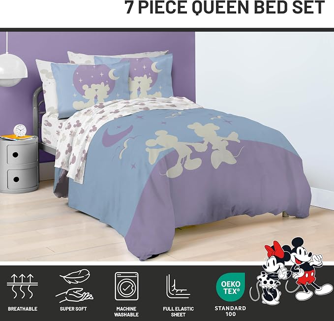 Disney Mickey and Minnie Mouse Queen Comforter Set 7 Piece Bedding, Grey | Bed in a Bag, Comforter Sheets Shams Pillowcases, Official Product, Soft Microfiber, Machine Washable, Kids Gift