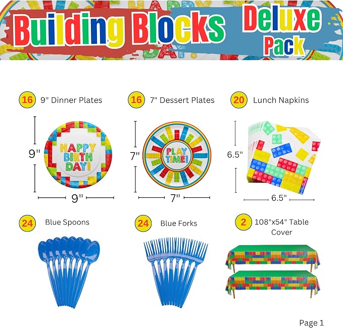 Building Block Deluxe Party Supplies Pack (137 Pieces for 16 Guests) - Gamer Birthday Decorations, Gamer Party Supplies , Blocks Party Decor, Brick Birthday, Blue Orchards