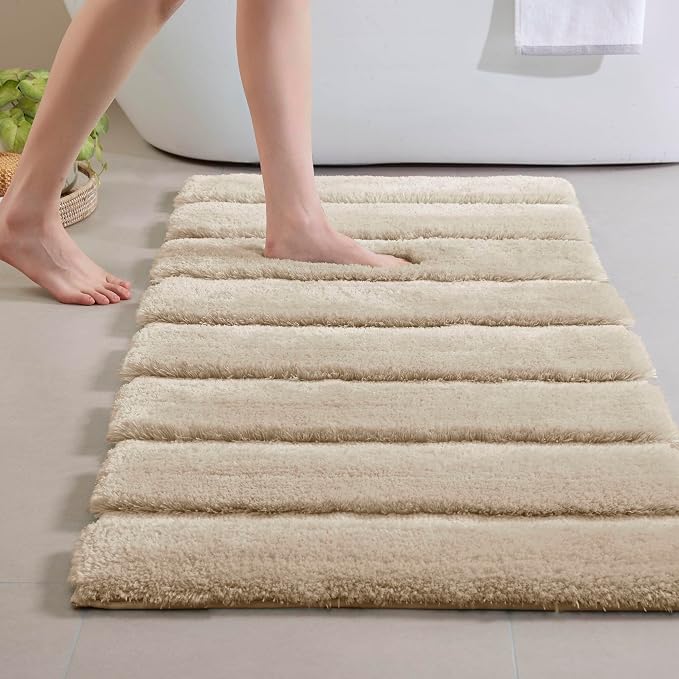 Madison Park Tufted Pearl Channel Absorbent Bathroom Rugs Non Slip Washable Bath Mat Shaggy Rugs For Bathroom Bedroom Plush Runner Rug Machine Wash Rubber Back Wheat 24x58" 1 piece