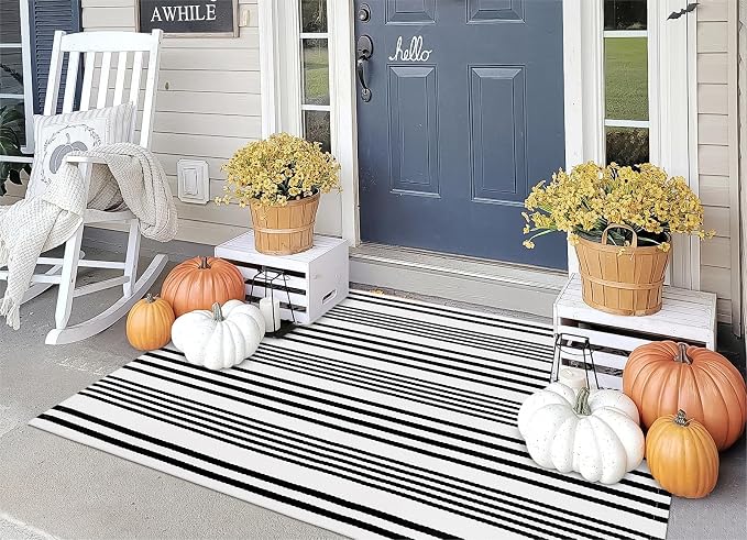 OJIA Black and White Outdoor Rug 3' x 5', Machine Washable Front Door Mats Outdoor, Cotton Hand-Woven Striped Porch Rug Entryway Rug Indoor/Outdoor Area Rug Floor Mat for Farmhouse/Living Room | Front Door Mats Outdoor Mat Cotton Woven Striped Porch Ru...